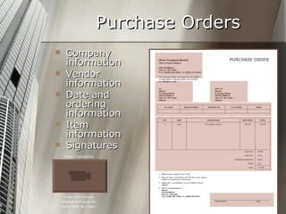 Purchase Orders Company information Vendor information Date and ordering information Item information Signatures   Video Explanation A new web browser window will open for you to view the video. 
