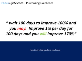 “ wait 100 days to improve 100% and
you may. Improve 1% per day for
100 days and you will improve 170%”
How to develop purchase excellence
Focus LifeScience – Purchasing Excellence
 