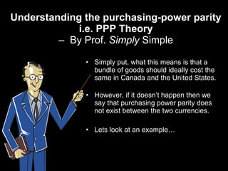 Understanding the purchasing-power parity i.e. PPP Theory –  By Prof.  Simply  Simple Simply put , what this means is that a bundle of goods should ideally cost the same in Canada and the United States. However, if it doesn’t happen then we say that purchasing power parity does not exist between the two currencies. Lets look at an example… 