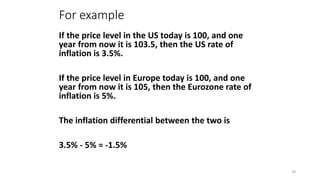 For example
If the price level in the US today is 100, and one
year from now it is 103.5, then the US rate of
inflation is 3.5%.
If the price level in Europe today is 100, and one
year from now it is 105, then the Eurozone rate of
inflation is 5%.
The inflation differential between the two is
3.5% - 5% = -1.5%
18
 