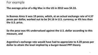 For example
The average price of a Big Mac in the US in 2012 was $4.33.
In Buenos Aires it was 19 pesos, which, at an actual exchange rate of 4.57
pesos per dollar, worked out to be $4.16 in U.S. currency, or 4% less than
the U.S. price.
So the peso was 4% undervalued against the U.S. dollar according to this
measure, and
Argentina’s exchange rate would have had to appreciate to 4.39 pesos per
dollar to attain the level implied by a burger-based PPP theory.
27
 
