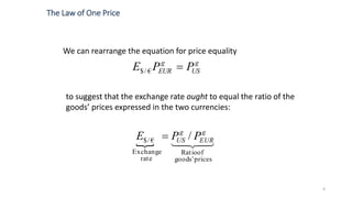 4
We can rearrange the equation for price equality
The Law of One Price
to suggest that the exchange rate ought to equal the ratio of the
goods’ prices expressed in the two currencies:
g
US
g
EUR PPE €/$
 
pricesgoods’
ofRatio
rate
Exchange
€/$ / g
EUR
g
US PPE 
 