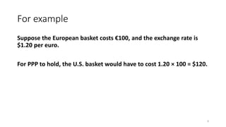 For example
Suppose the European basket costs €100, and the exchange rate is
$1.20 per euro.
For PPP to hold, the U.S. basket would have to cost 1.20 × 100 = $120.
8
 