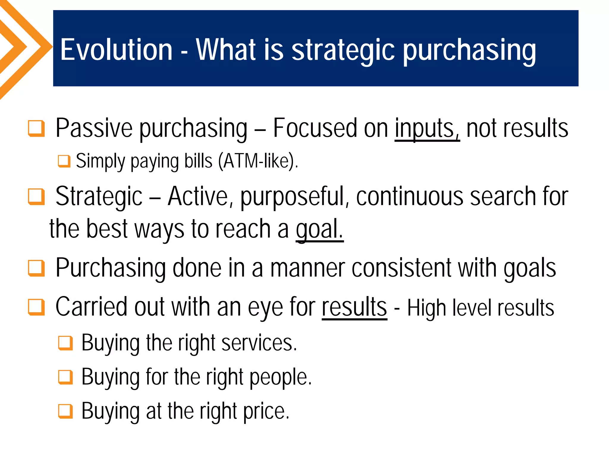 Evolution - What is strategic purchasing
 Passive purchasing – Focused on inputs, not results
 Simply paying bills (ATM-like).
 Strategic – Active, purposeful, continuous search for
the best ways to reach a goal.
 Purchasing done in a manner consistent with goals
 Carried out with an eye for results - High level results
 Buying the right services.
 Buying for the right people.
 Buying at the right price.
 