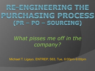 What pisses me off in the
         company?

Michael T. Ligayo, ENTREP, S63, Tue, 6:00pm-9:00pm
 
