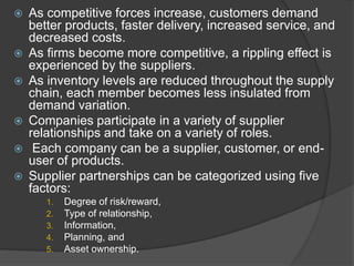  As competitive forces increase, customers demand
better products, faster delivery, increased service, and
decreased costs.
 As firms become more competitive, a rippling effect is
experienced by the suppliers.
 As inventory levels are reduced throughout the supply
chain, each member becomes less insulated from
demand variation.
 Companies participate in a variety of supplier
relationships and take on a variety of roles.
 Each company can be a supplier, customer, or end-
user of products.
 Supplier partnerships can be categorized using five
factors:
1. Degree of risk/reward,
2. Type of relationship,
3. Information,
4. Planning, and
5. Asset ownership.
 