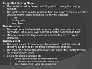 Integrated Buying Model
 The decision maker faces multiple goals in making the buying
decision.
 The cost per unit, quality, and lead time are some of the issues that a
decision maker faces in making the buying decision.
1. Cost
2. Quality Level
3. Lead Time
Materials Cost
 The cost per unit of material depends on the volume or amount
purchased, the quality level desired, and the desired lead time
 Material procured in larger volume enables the firm to buy at
discounts.
Quality Level
 The quality level of material purchased must meet the desired
objective as defined by the firm’s competitive priorities
 The lower the acceptable defect rate, the higher the quality level of
the material purchased
 Six sigma suppliers focus on
1. effects per million units as a standard metric,
2. provision of extensive employee training, and
3. the reduction of non-value-added activities.
 