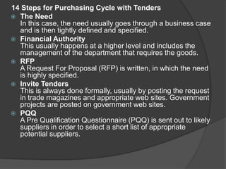 14 Steps for Purchasing Cycle with Tenders
 The Need
In this case, the need usually goes through a business case
and is then tightly defined and specified.
 Financial Authority
This usually happens at a higher level and includes the
management of the department that requires the goods.
 RFP
A Request For Proposal (RFP) is written, in which the need
is highly specified.
 Invite Tenders
This is always done formally, usually by posting the request
in trade magazines and appropriate web sites. Government
projects are posted on government web sites.
 PQQ
A Pre Qualification Questionnaire (PQQ) is sent out to likely
suppliers in order to select a short list of appropriate
potential suppliers.
 