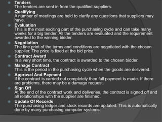  Tenders
The tenders are sent in from the qualified suppliers.
 Qualifying
A number of meetings are held to clarify any questions that suppliers may
have.
 Evaluation
This is the most exciting part of the purchasing cycle and can take many
weeks for a big tender. All the tenders are evaluated and the requirement
awarded to the winning bidder.
 Negotiation
The fine print of the terms and conditions are negotiated with the chosen
supplier. The price is fixed at the bid price.
 Contract Award
In a very short time, the contract is awarded to the chosen bidder.
 Manage Contract
This is the period in the purchasing cycle when the goods are delivered.
 Approval And Payment
If the contract is carried out completely then full payment is made. If there
are problems, there may be a damage request.
 Sign Off
At the end of the contract work and deliveries, the contract is signed off and
all relationships with the supplier are finished.
 Update Of Records
The purchasing ledger and stock records are updated. This is automatically
done by many purchasing computer systems.
 