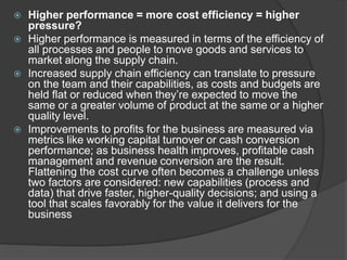  Higher performance = more cost efficiency = higher
pressure?
 Higher performance is measured in terms of the efficiency of
all processes and people to move goods and services to
market along the supply chain.
 Increased supply chain efficiency can translate to pressure
on the team and their capabilities, as costs and budgets are
held flat or reduced when they’re expected to move the
same or a greater volume of product at the same or a higher
quality level.
 Improvements to profits for the business are measured via
metrics like working capital turnover or cash conversion
performance; as business health improves, profitable cash
management and revenue conversion are the result.
Flattening the cost curve often becomes a challenge unless
two factors are considered: new capabilities (process and
data) that drive faster, higher-quality decisions; and using a
tool that scales favorably for the value it delivers for the
business
 