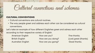 Cultural convections and schemas
CULTURAL CONVENTIONS
• Cultural conventions are cultural routines.
• The way people greet and address each other can be considered as cultural
conventions.
Let’s take an example of how different Englishes greet and adress each other
according to their respective variety of English.
American English How are you? Fine thanks.
British English How are you doing? (Just) great (thanks).
Australian English How are you going? Good thanks.
 