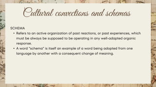 Cultural convections and schemas
SCHEMA
• Refers to an active organization of past reactions, or past experiences, which
must be always be supposed to be operating in any well-adapted organic
response.
• A word “schema” is itself an example of a word being adopted from one
language by another with a consequent change of meaning.
 