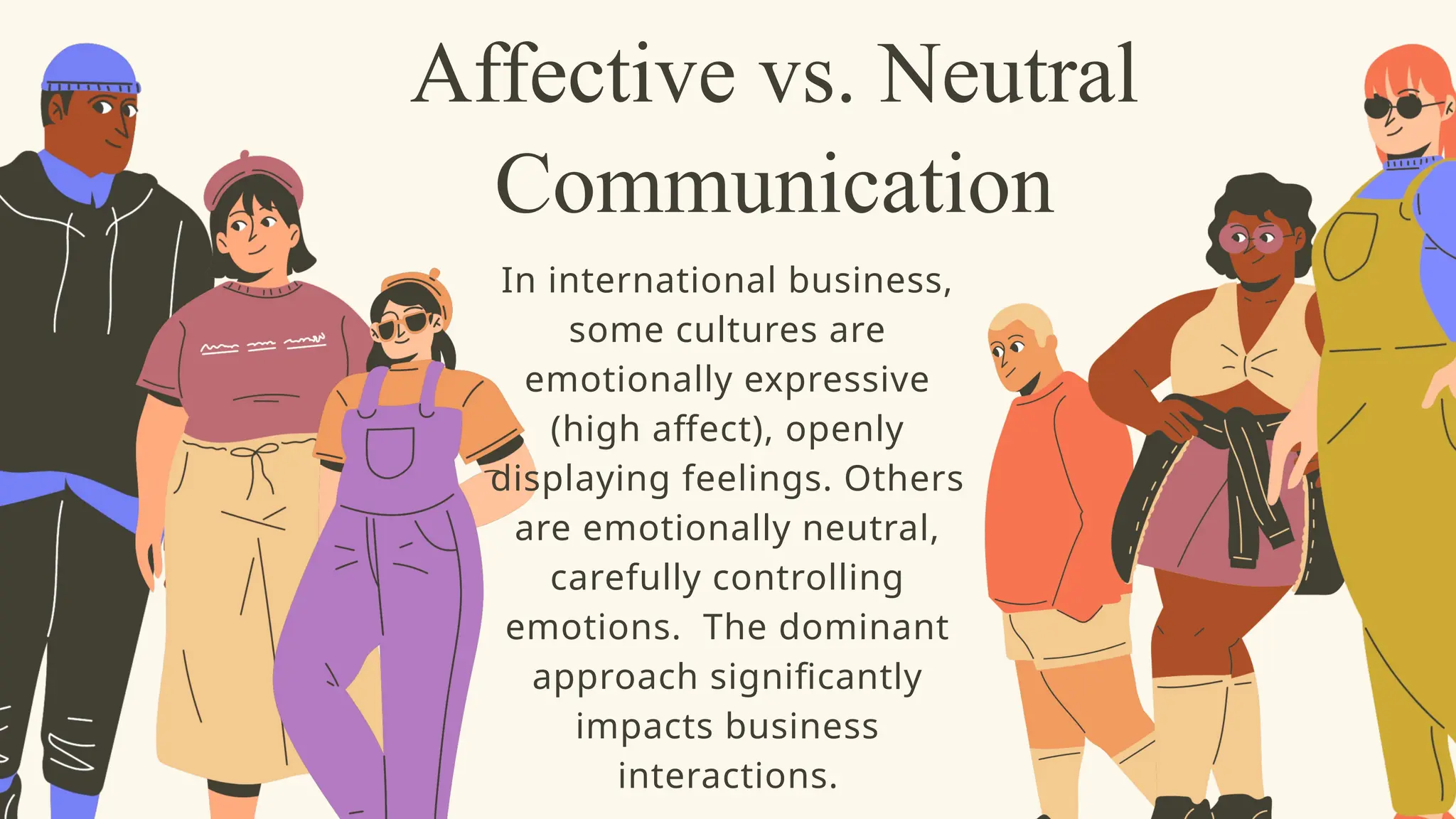 Affective vs. Neutral
Communication
In international business,
some cultures are
emotionally expressive
(high affect), openly
displaying feelings. Others
are emotionally neutral,
carefully controlling
emotions. The dominant
approach significantly
impacts business
interactions.
 