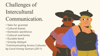 Challenges of
Intercultural
Communication.
• Take for granted
• Cultural biases
• Domestic workforce
• Cultural overtones
• Durable bond
• Grossly disloyal
"Communicating Across Cultures"
by Carol Kinsey Goman (2011)
 