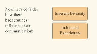 Now, let's consider
how their
backgrounds
influence their
communication:
Individual
Experiences
Inherent Diversity
 