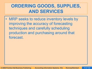 ORDERING GOODS, SUPPLIES, 
AND SERVICES 
• MRP seeks to reduce inventory levels by 
improving the accuracy of forecasting 
techniques and carefully scheduling 
production and purchasing around that 
forecast. 
© 2006 Prentice Hall Business Publishing Accounting Information Systems, 10/e Romney/Steinbart 15 of 122 
 