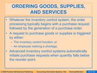 ORDERING GOODS, SUPPLIES, 
AND SERVICES 
• Whatever the inventory control system, the order 
processing typically begins with a purchase request 
followed by the generation of a purchase order. 
• A request to purchase goods or supplies is triggered 
by either: 
– The inventory control function; or 
– An employee noticing a shortage. 
• Advanced inventory control systems automatically 
initiate purchase requests when quantity falls below 
the reorder point. 
© 2006 Prentice Hall Business Publishing Accounting Information Systems, 10/e Romney/Steinbart 22 of 122 
 