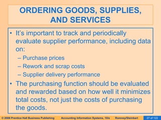 ORDERING GOODS, SUPPLIES, 
AND SERVICES 
• It’s important to track and periodically 
evaluate supplier performance, including data 
on: 
– Purchase prices 
– Rework and scrap costs 
– Supplier delivery performance 
• The purchasing function should be evaluated 
and rewarded based on how well it minimizes 
total costs, not just the costs of purchasing 
the goods. 
© 2006 Prentice Hall Business Publishing Accounting Information Systems, 10/e Romney/Steinbart 27 of 122 
 