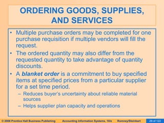 ORDERING GOODS, SUPPLIES, 
AND SERVICES 
• Multiple purchase orders may be completed for one 
purchase requisition if multiple vendors will fill the 
request. 
• The ordered quantity may also differ from the 
requested quantity to take advantage of quantity 
discounts. 
• A blanket order is a commitment to buy specified 
items at specified prices from a particular supplier 
for a set time period. 
– Reduces buyer’s uncertainty about reliable material 
sources 
– Helps supplier plan capacity and operations 
© 2006 Prentice Hall Business Publishing Accounting Information Systems, 10/e Romney/Steinbart 29 of 122 
 