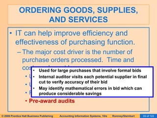 ORDERING GOODS, SUPPLIES, 
AND SERVICES 
• IT can help improve efficiency and 
effectiveness of purchasing function. 
– The major cost driver is the number of 
purchase orders processed. Time and 
cost can be cut by: 
• Used for large purchases that involve formal bids 
• Internal auditor visits each potential supplier in final 
• Using EDI to transmit purchase orders 
• Using cut vendor-to verify managed accuracy of inventory their bid 
systems 
• Reverse auctions 
• Pre-award audits 
• May identify mathematical errors in bid which can 
produce considerable savings 
© 2006 Prentice Hall Business Publishing Accounting Information Systems, 10/e Romney/Steinbart 33 of 122 
 