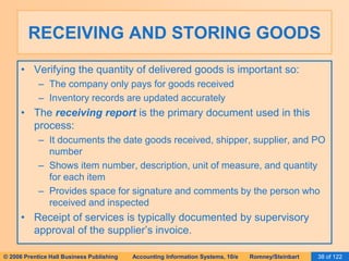 RECEIVING AND STORING GOODS 
• Verifying the quantity of delivered goods is important so: 
– The company only pays for goods received 
– Inventory records are updated accurately 
• The receiving report is the primary document used in this 
process: 
– It documents the date goods received, shipper, supplier, and PO 
number 
– Shows item number, description, unit of measure, and quantity 
for each item 
– Provides space for signature and comments by the person who 
received and inspected 
• Receipt of services is typically documented by supervisory 
approval of the supplier’s invoice. 
© 2006 Prentice Hall Business Publishing Accounting Information Systems, 10/e Romney/Steinbart 38 of 122 
 