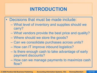INTRODUCTION 
• Decisions that must be made include: 
– What level of inventory and supplies should we 
carry? 
– What vendors provide the best price and quality? 
– Where should we store the goods? 
– Can we consolidate purchases across units? 
– How can IT improve inbound logistics? 
– Is there enough cash to take advantage of early 
payment discounts? 
– How can we manage payments to maximize cash 
flow? 
© 2006 Prentice Hall Business Publishing Accounting Information Systems, 10/e Romney/Steinbart 5 of 122 
 