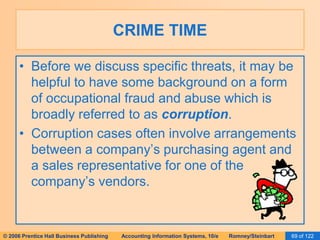 CRIME TIME 
• Before we discuss specific threats, it may be 
helpful to have some background on a form 
of occupational fraud and abuse which is 
broadly referred to as corruption. 
• Corruption cases often involve arrangements 
between a company’s purchasing agent and 
a sales representative for one of the 
company’s vendors. 
© 2006 Prentice Hall Business Publishing Accounting Information Systems, 10/e Romney/Steinbart 69 of 122 
 