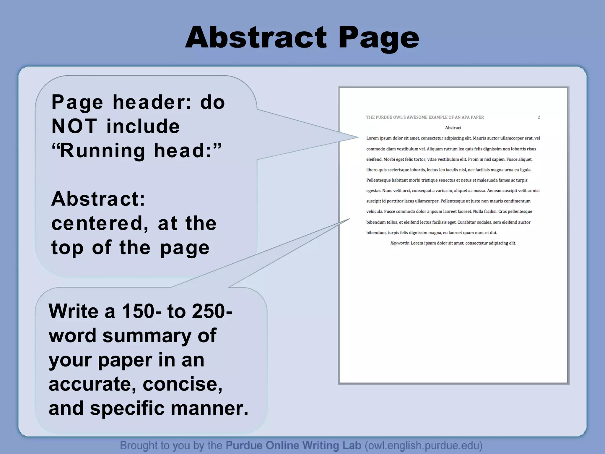 Abstract Page
Page header: do
NOT include
“Running head:”
Abstract:
centered, at the
top of the page
Write a 150- to 250word summary of
your paper in an
accurate, concise,
and specific manner.

 