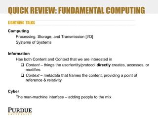 QUICK REVIEW: FUNDAMENTAL COMPUTING
LIGHTNING TALKS
Computing
Processing, Storage, and Transmission [I/O]
Systems of Systems
Information
Has both Content and Context that we are interested in
 Content – things the user/entity/protocol directly creates, accesses, or
modifies
 Context – metadata that frames the content, providing a point of
reference & relativity
Cyber
The man-machine interface – adding people to the mix

 