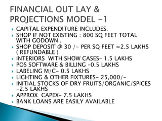  CAPITAL EXPENDITURE INCLUDES:
 SHOP IF NOT EXISTING : 800 SQ FEET TOTAL
WITH GODOWN .
 SHOP DEPOSIT @ 30 /- PER SQ FEET =2.5 LAKHS
( REFUNDABLE )
 INTERIORS WITH SHOW CASES– 1.5 LAKHS
 POS SOFTWARE & BILLING –0.5 LAKHS
 LABELING M/C- 0.5 LAKHS
 LIGHTING & OTHER FIXTURES- 25,000/-
 INITIAL STOCKS OF DRY FRUITS/ORGANIC/SPICES
-2.5 LAKHS
 APPROX CAPEX– 7.5 LAKHS
 BANK LOANS ARE EASILY AVAILABLE
 
