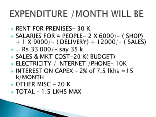  RENT FOR PREMISES- 30 K
 SALARIES FOR 4 PEOPLE- 2 X 6000/- ( SHOP)
+ 1 X 9000/- ( DELIVERY) + 12000/- ( SALES)
 = Rs 33,000/- say 35 k
 SALES & MKT COST-20 K( BUDGET)
 ELECTRICITY / INTERNET /PHONE- 10K
 INTEREST ON CAPEX – 2% of 7.5 lkhs =15
k/MONTH
 OTHER MISC – 20 K
 TOTAL – 1.5 LKHS MAX
 