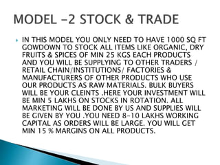 IN THIS MODEL YOU ONLY NEED TO HAVE 1000 SQ FT
GOWDOWN TO STOCK ALL ITEMS LIKE ORGANIC, DRY
FRUITS & SPICES OF MIN 25 KGS EACH PRODUCTS
AND YOU WILL BE SUPPLYING TO OTHER TRADERS /
RETAIL CHAIN/INSTITUTIONS/ FACTORIES &
MANUFACTURERS OF OTHER PRODUCTS WHO USE
OUR PRODUCTS AS RAW MATERIALS. BULK BUYERS
WILL BE YOUR CLEINTS .HERE YOUR INVESTMENT WILL
BE MIN 5 LAKHS ON STOCKS IN ROTATION. ALL
MARKETING WILL BE DONE BY US AND SUPPLIES WILL
BE GIVEN BY YOU .YOU NEED 8-10 LAKHS WORKING
CAPITAL AS ORDERS WILL BE LARGE. YOU WILL GET
MIN 15 % MARGINS ON ALL PRODUCTS.
 