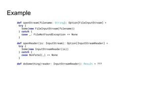 Example
def openStream(filename: String): Option[FileInputStream] =
try {
Some(new FileInputStream(filename))
} catch {
case _: FileNotFoundException => None
}
def openReader(is: InputStream): Option[InputStreamReader] =
try {
Some(new InputStreamReader(is))
} catch {
case NonFatal(_) => None
}
def doSomething(reader: InputStreamReader): Result = ???
 