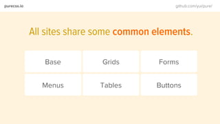purecss.io github.com/yui/pure/
All sites share some common elements.
Base Grids Forms
Menus Tables Buttons
 