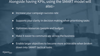 Alongside having KPIs, using the SMART model will
also:-
● Increase your campaign success rate
● Supports your clarity in decision making when prioritising tasks
● Optimises resources (people and budget)
● Make it easier to communicate across the business
● Enable larger objectives to become more achievable when broken
down into SMART tactical tasks
 
