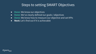 ● Done: We know our objectives
● Done: We’ve clearly defined our goals / objectives
● Done: We know how to measure our objective and set KPIs
● Next: Let’s find out if it is achievable
Steps to setting SMART Objectives
 
