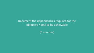 Document the dependencies required for the
objective / goal to be achievable
(5 minutes)
 