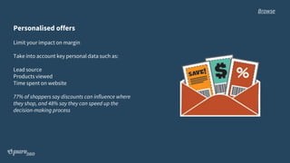 Personalised offers
Limit your impact on margin
Take into account key personal data such as:
Lead source
Products viewed
Time spent on website
77% of shoppers say discounts can influence where
they shop, and 48% say they can speed up the
decision-making process
Browse
 