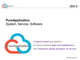 © 2014 IBM Corporation
PureApplication
A hybrid cloud app platform
for cloud enabling apps and middleware
with enterprise grade qualities of service
PureApplication
PureApplication
System, Service, Software
 