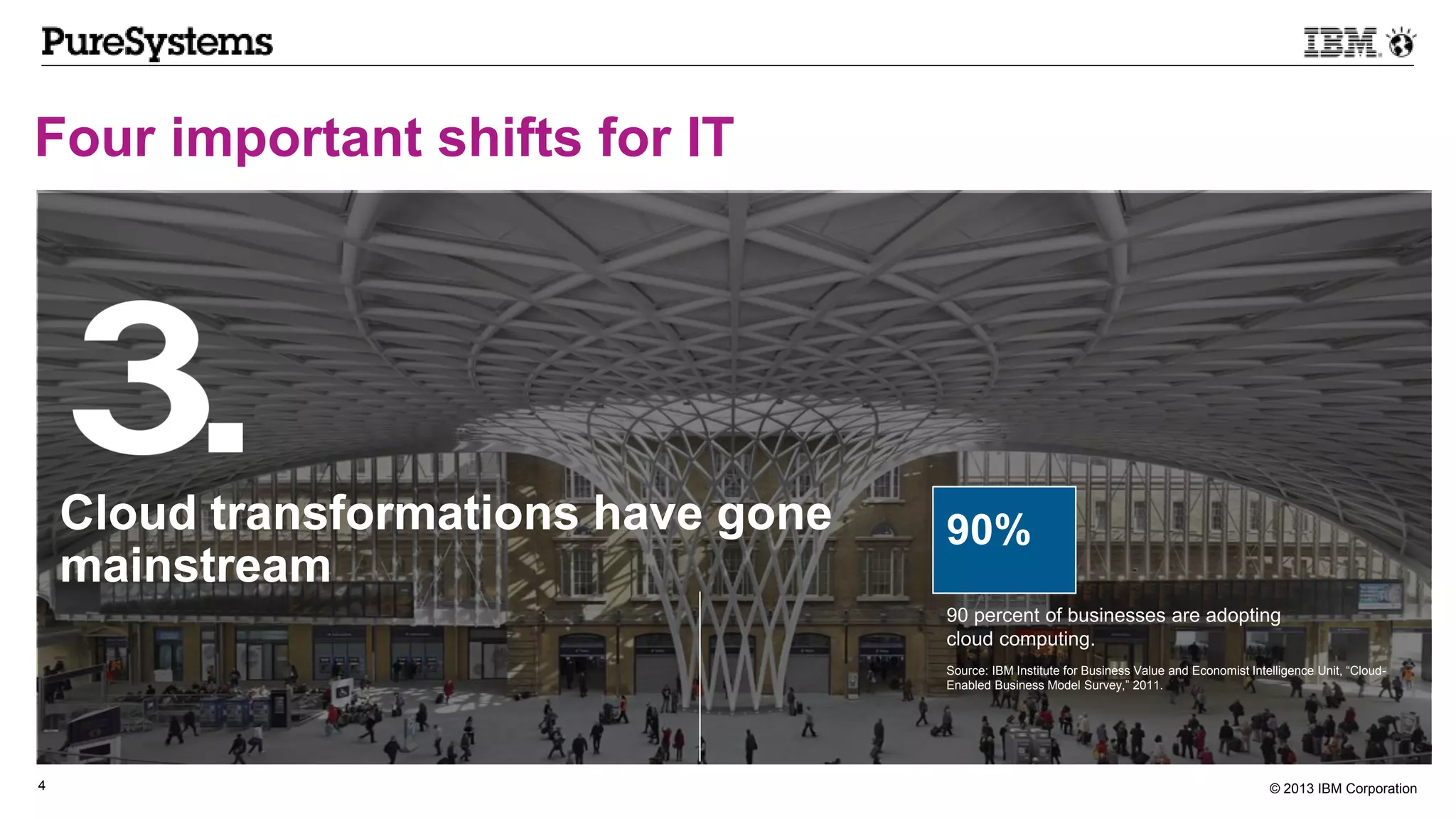 © 2013 IBM Corporation4
Four important shifts for IT
90 percent of businesses are adopting
cloud computing.
Source: IBM Institute for Business Value and Economist Intelligence Unit, “Cloud-
Enabled Business Model Survey,” 2011.
90%Cloud transformations have gone
mainstream
 