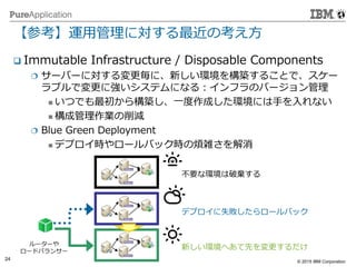 © 2014 IBM Corporation
24 © 2015 IBM Corporation
【参考】運用管理に対する最近の考え方
 Immutable Infrastructure / Disposable Components
 サーバーに対する変更毎に、新しい環境を構築することで、スケー
ラブルで変更に強いシステムになる：インフラのバージョン管理
 いつでも最初から構築し、一度作成した環境には手を入れない
 構成管理作業の削減
 Blue Green Deployment
 デプロイ時やロールバック時の煩雑さを解消
不要な環境は破棄する
デプロイに失敗したらロールバック
新しい環境へあて先を変更するだけルーターや
ロードバランサー
 