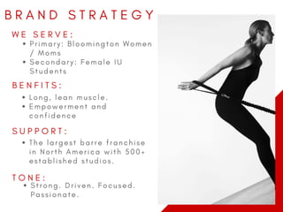 B R A N D S T R A T E G Y
W E S E R V E :
P r i m a r y : B l o o m i n g t o n W o m e n
/ M o m s
S e c o n d a r y : F e m a l e I U
S t u d e n t s
B E N F I T S :
L o n g , l e a n m u s c l e .
E m p o w e r m e n t a n d
c o n f i d e n c e
S U P P O R T :
T h e l a r g e s t b a r r e f r a n c h i s e
i n N o r t h A m e r i c a w i t h 5 0 0 +
e s t a b l i s h e d s t u d i o s .
T O N E :
S t r o n g . D r i v e n . F o c u s e d .
P a s s i o n a t e .  
 
