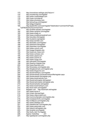 173.     http://momshare.net/login.php?return=/
174.     http://mysitevote.com/register
175.     http://www.overflowlegal.com
176.     http://oyax.com/signup
177.     http://www.photosup.com
178.     http://pinoymug.com/register/
179.     http://pligg.it/register/
180.     http://postonfire.com/user/register?destination=comment%2Freply
   %2F853422%23comment-form
181.     http://publish-articles.com/register
182.     http://www.rambhai.com/register
183.     http://www.shakk.us
184.     http://www.smallbusinessbrief.com
185.     http://stumble.info/register
186.     http://sustaind.org/register
187.     http://www.tamilish.com
188.     http://techaker.com/register/
189.     http://tierboard.de/register/
190.     http://topinews.com/register
191.     http://www.uvouch.com
192.     http://wagg.it/register.php
193.     http://www.wic-news.com
194.     http://www.xulnews.com
195.     http://www.yapod.com
196.     http://www.zoomit.ca
197.     http://www.zzygg.com
198.     http://afunpark.com/register
199.     http://baang.ir/register.php
200.     http://www.beamark.com
201.     http://binarylaw.com/register.php
202.     http://blogbookmark.com/register.php
203.     http://www.blogsvine.com
204.     http://bookmark4you.com/register
205.     http://bookmarkall.com/bookmark/profile/register.aspx
206.     http://bookmarkall.info/register.php
207.     http://www.bookmarkcity.com
208.     http://bookmarkingsite.net/register/
209.     http://bookmarkmysite.net/register.php
210.     http://bookmarksite.net/register/
211.     http://www.bookmarksync.com
212.     http://buk-mark.com/register/
213.     Register Link http://bukmark.net/register
214.     http://www.byme.in
215.     http://chalo.net/user/login
216.     http://www.citijournalist.com
217.     http://communityradar.com/register.php
218.     http://coolsearchinfo.com/register
219.     http://craftjuice.com/register.php
220.     http://www.dealdigs.com
221.     http://dealshouter.com/register.php
222.     http://www.easymash.com
223.     http://etamil.net/register.php
224.     http://eviplist.com/register
225.     http://ez4u.net/./?p=register
226.     Approx Visits/Day          231
227.     http://gaddiposh.com/register.php
 