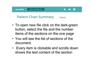 • To open new file click on the dark-green
button, select the file and the number
items of the sections on the one page
• You will see the list of sections of the
document.
• Every item is clickable and scrolls down
shows the text content of the section
 