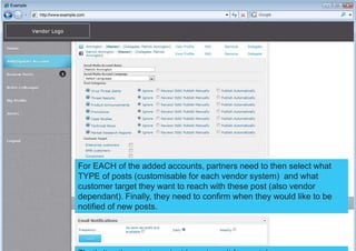 Once partners have registered/logged in in their suppliers’ partner portal, they first need to add their social media accounts to the system. This enables socialondemand to publish to their T/FB/LI account(s)