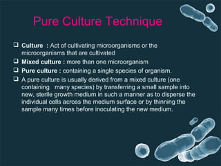 Pure Culture Technique
 Culture : Act of cultivating microorganisms or the
microorganisms that are cultivated
 Mixed culture : more than one microorganism
 Pure culture : containing a single species of organism.
 A pure culture is usually derived from a mixed culture (one
containing many species) by transferring a small sample into
new, sterile growth medium in such a manner as to disperse the
individual cells across the medium surface or by thinning the
sample many times before inoculating the new medium.
 