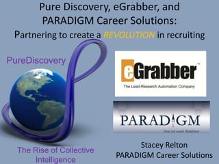 Pure Discovery, eGrabber, and PARADIGM Career Solutions: Partnering to create a REVOLUTION in recruiting PureDiscovery Stacey Relton PARADIGM Career Solutions The Rise of Collective Intelligence 