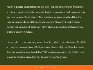 Nearly a quarter of all purebred dogs die of cancer. Since similar symptoms
are shown in mice and other animals, further r...