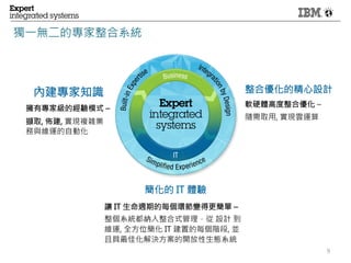 IBM PureSystems : 全球首套專家整合系統
•  預置專家能力：
  自動擁有專家能力, 從基礎架構到
  中介軟體、應用軟體, 把經過實踐
  檢驗的經驗, 用一種可部署的方式
  呈現, 從而簡化了工作


•  為整合而設計...