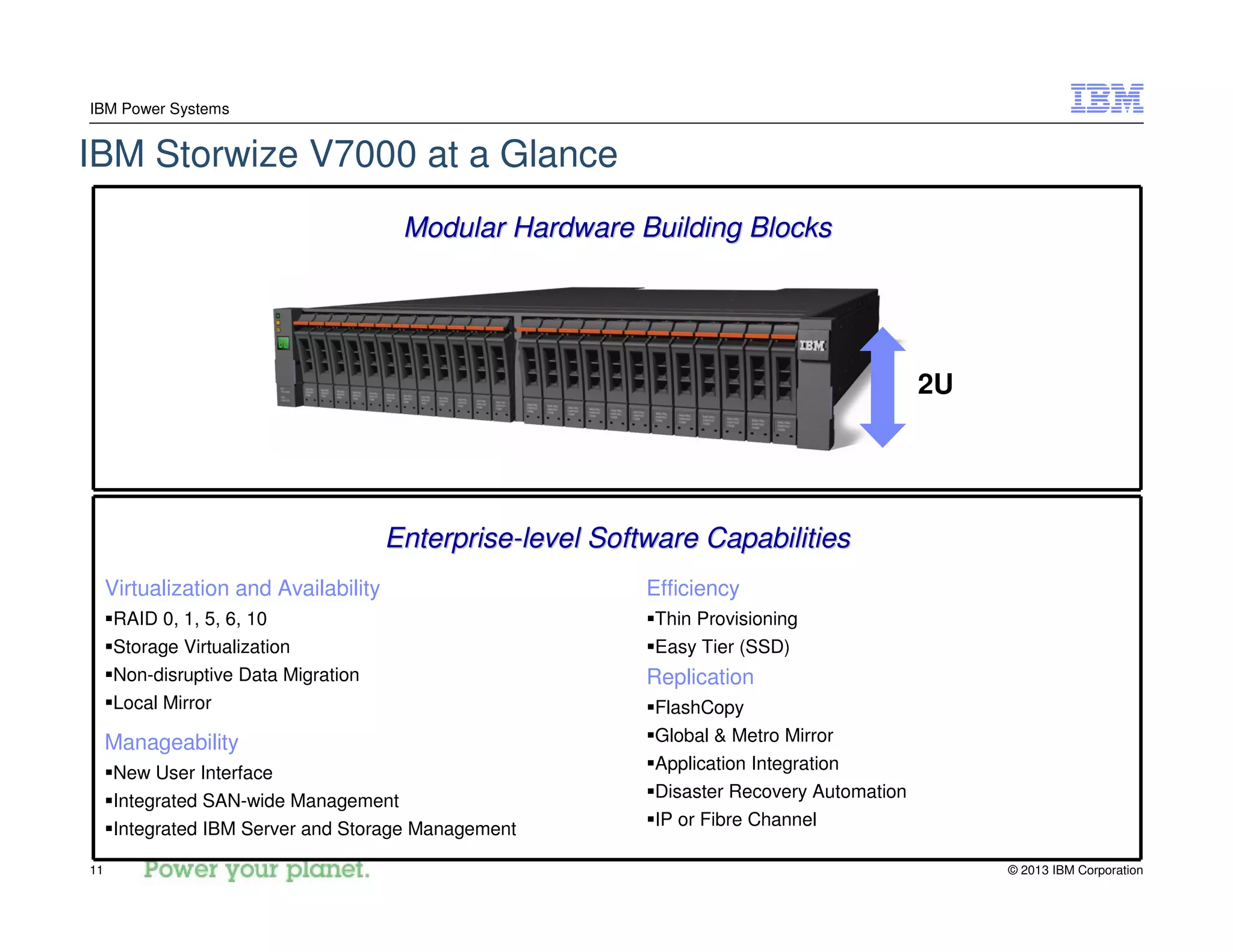 © 2013 IBM Corporation11
IBM Power Systems
IBM Storwize V7000 at a Glance
Modular Hardware Building BlocksModular Hardware Building Blocks
EnterpriseEnterprise--level Software Capabilitieslevel Software Capabilities
Virtualization and Availability
RAID 0, 1, 5, 6, 10
Storage Virtualization
Non-disruptive Data Migration
Local Mirror
Manageability
New User Interface
Integrated SAN-wide Management
Integrated IBM Server and Storage Management
Efficiency
Thin Provisioning
Easy Tier (SSD)
Replication
FlashCopy
Global & Metro Mirror
Application Integration
Disaster Recovery Automation
IP or Fibre Channel
2U
 